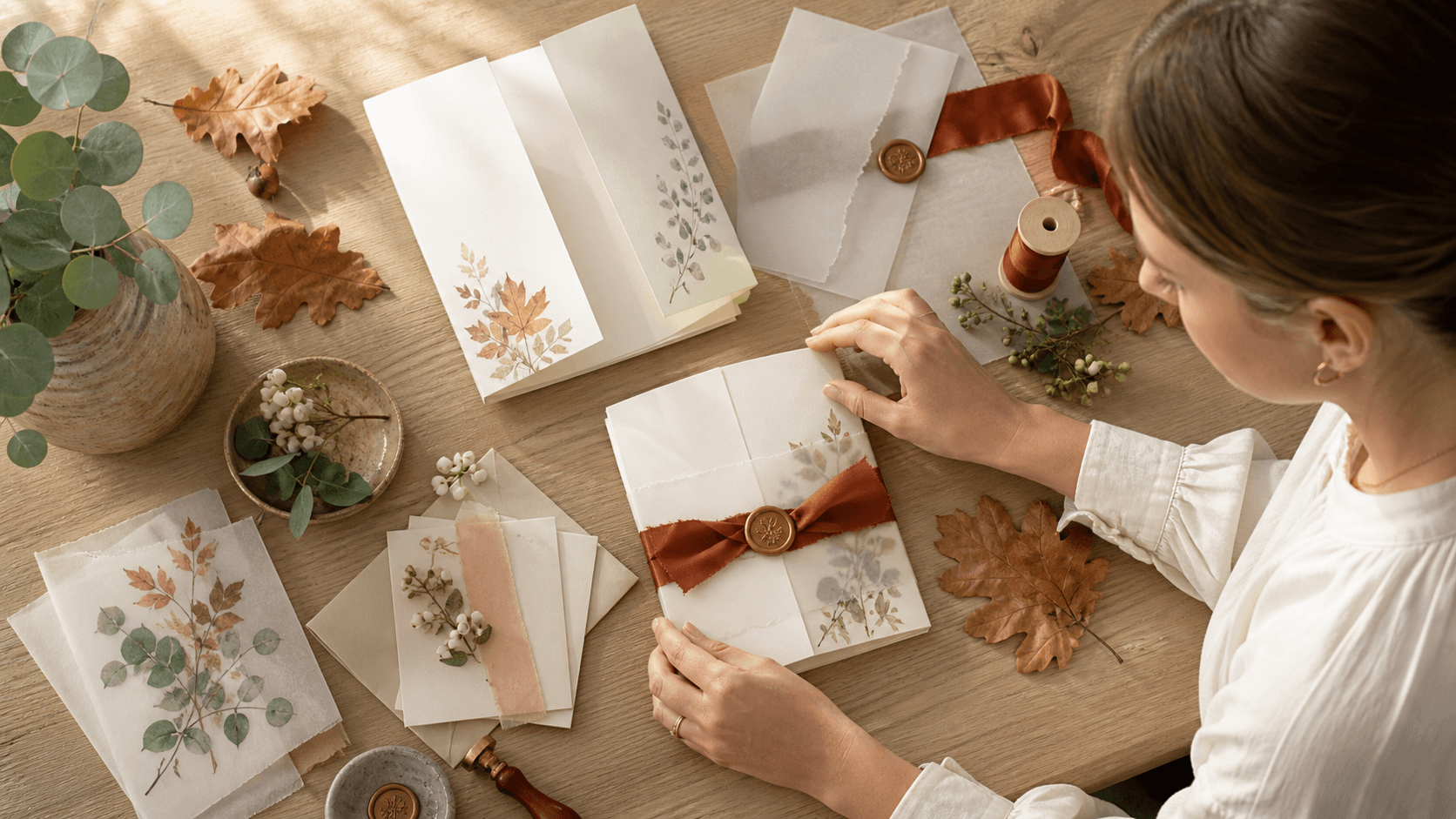 Elegant autumn wedding invitation suite with burnt orange leaves, cream paper, and warm golden light.