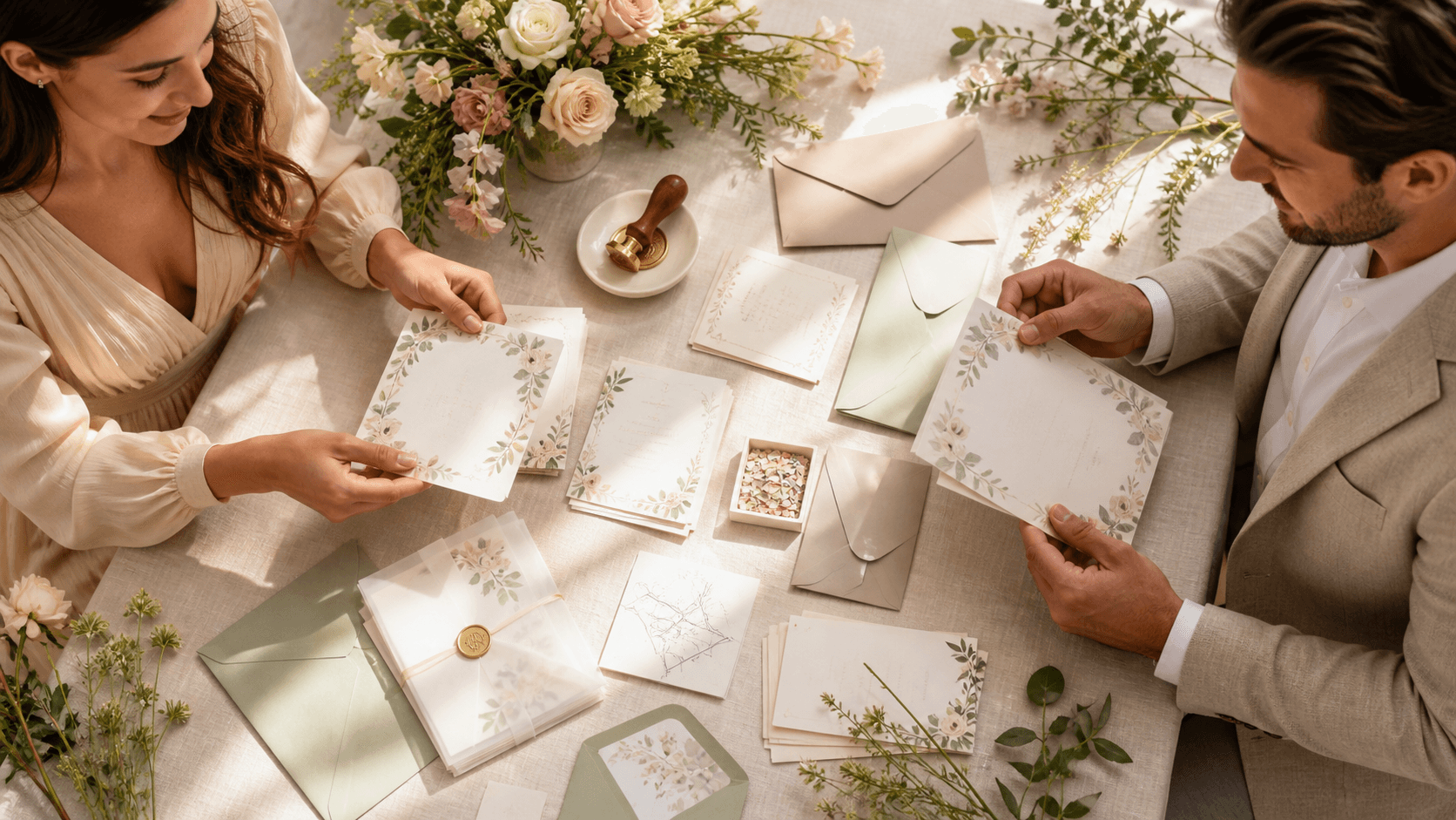 Flat lay of ivory wedding stationery with RSVP cards, envelopes, wax seal, and greenery on a wooden table.