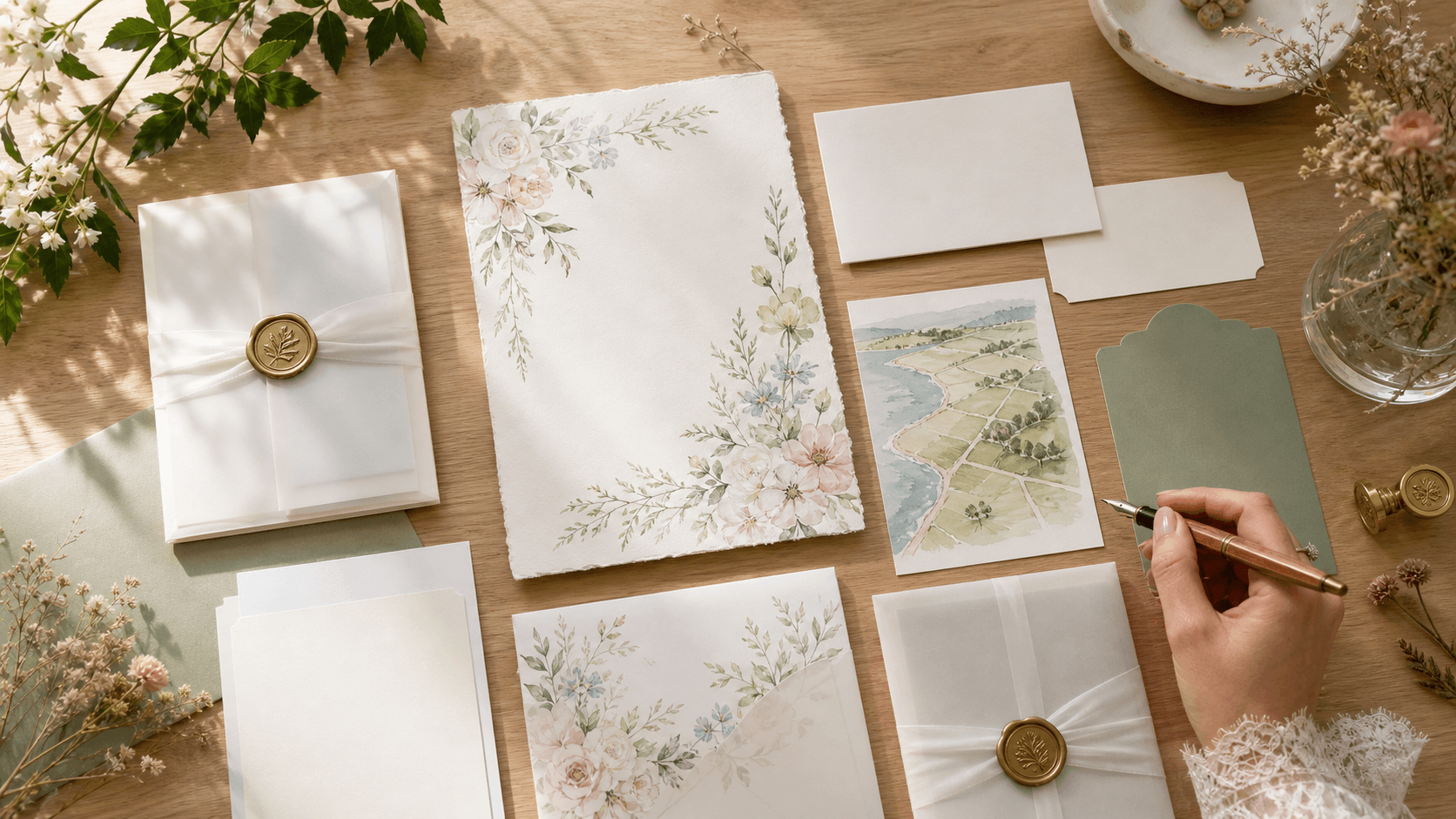 Elegant wedding invitation suite with cream cards, floral accents, and gold details on a soft pastel background.
