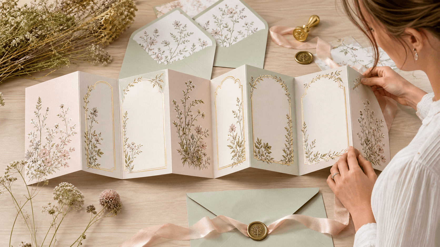 Elegant concertina wedding invitation with floral details, gold accents, and soft natural lighting on a pale surface.
