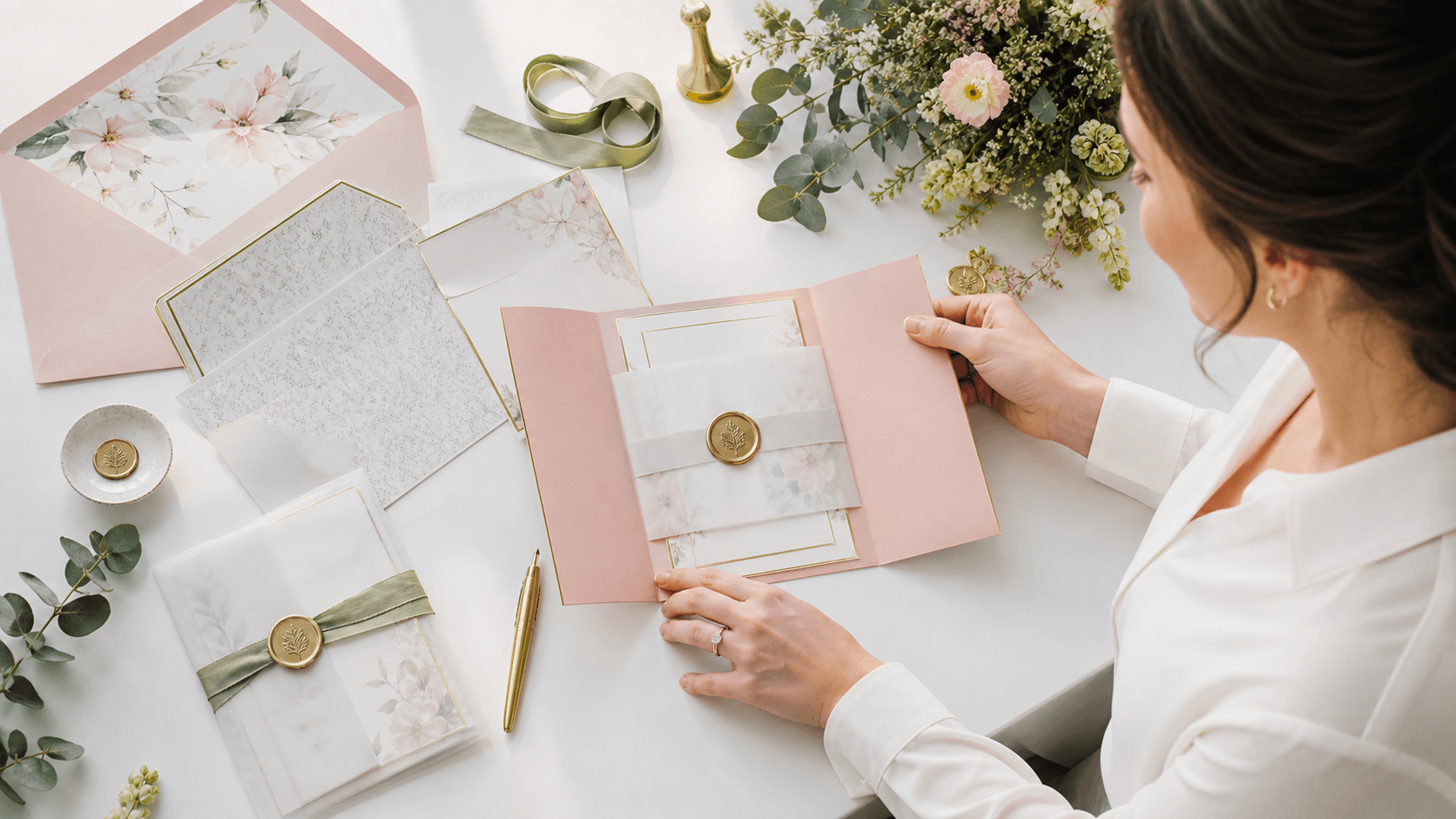 Flat lay of pastel wedding invitations with floral accents and wax seal on a light background in soft daylight