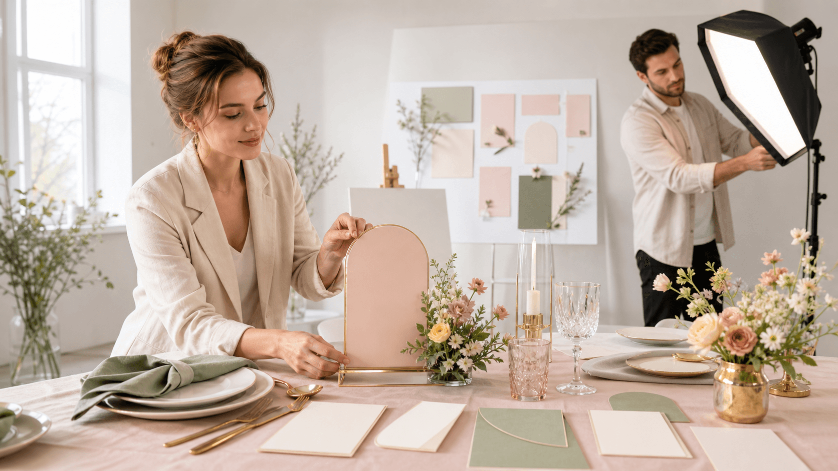 Pastel floral wedding menu sign on an easel beside a reception table, softly lit with spring blooms.