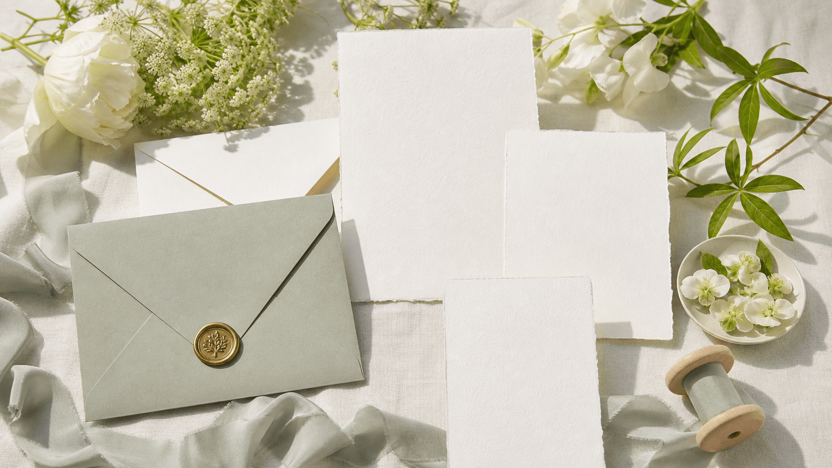 Flat lay of pastel wedding invitations with floral motifs, ribbon and wax seal on a sunlit white tabletop.