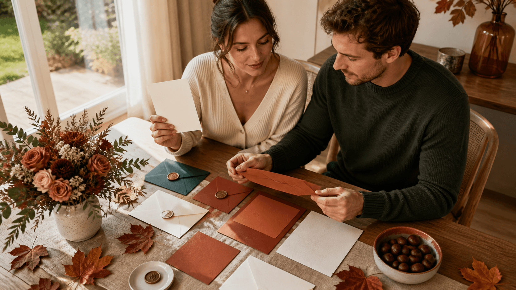 Autumn wedding invitation suite on a rustic table with orange leaves, burgundy flowers, and warm golden light.