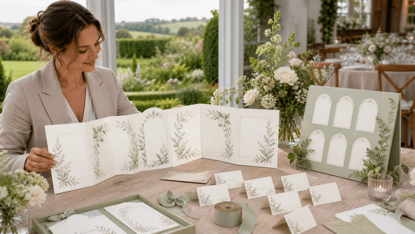 Elegant concertina wedding invitation unfolded on a table, with blush florals, seating chart and gold details.
