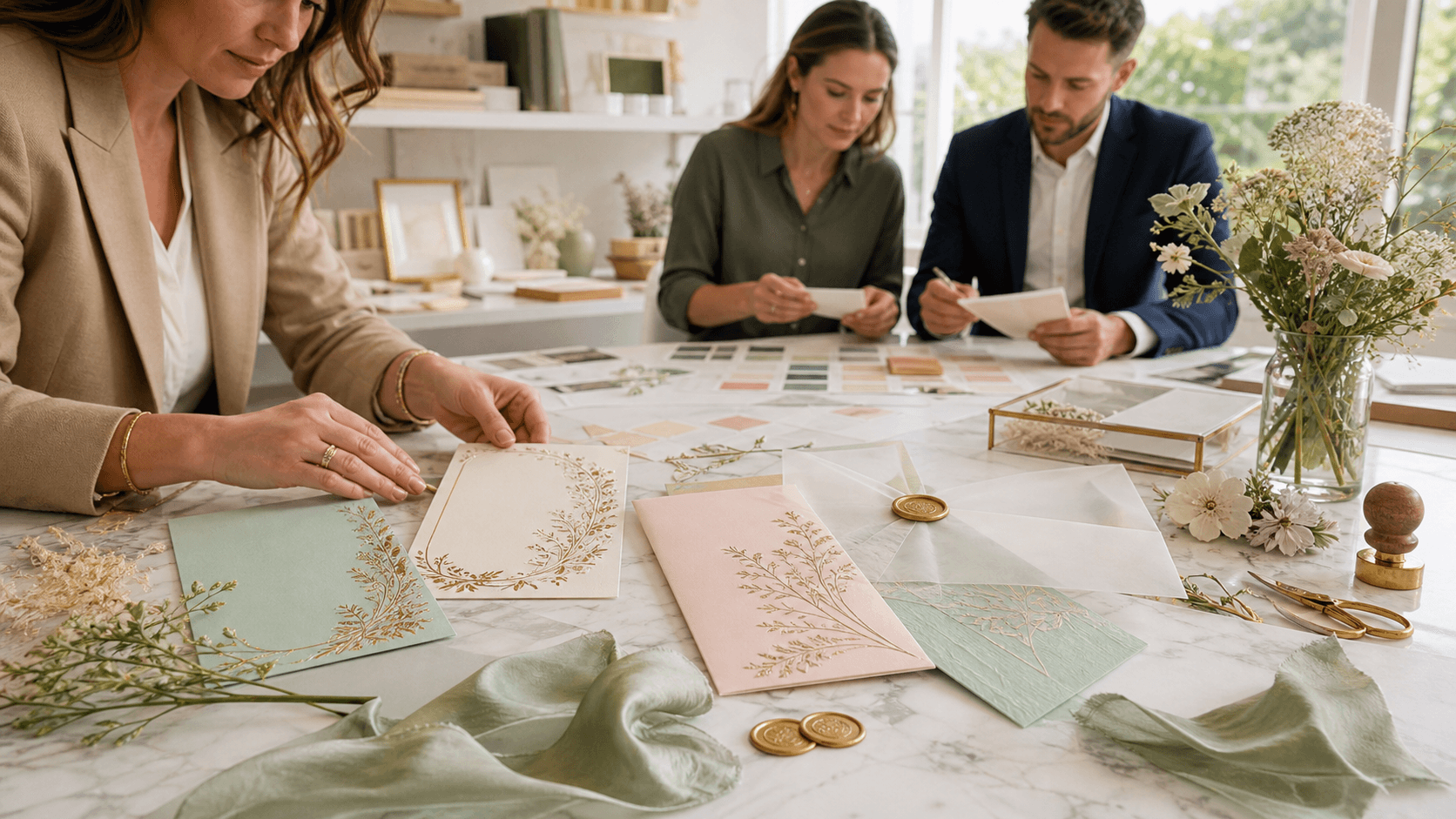 Floral wedding invitation cards in pastel pink and sage on a sunlit table, with greenery accents and envelopes.