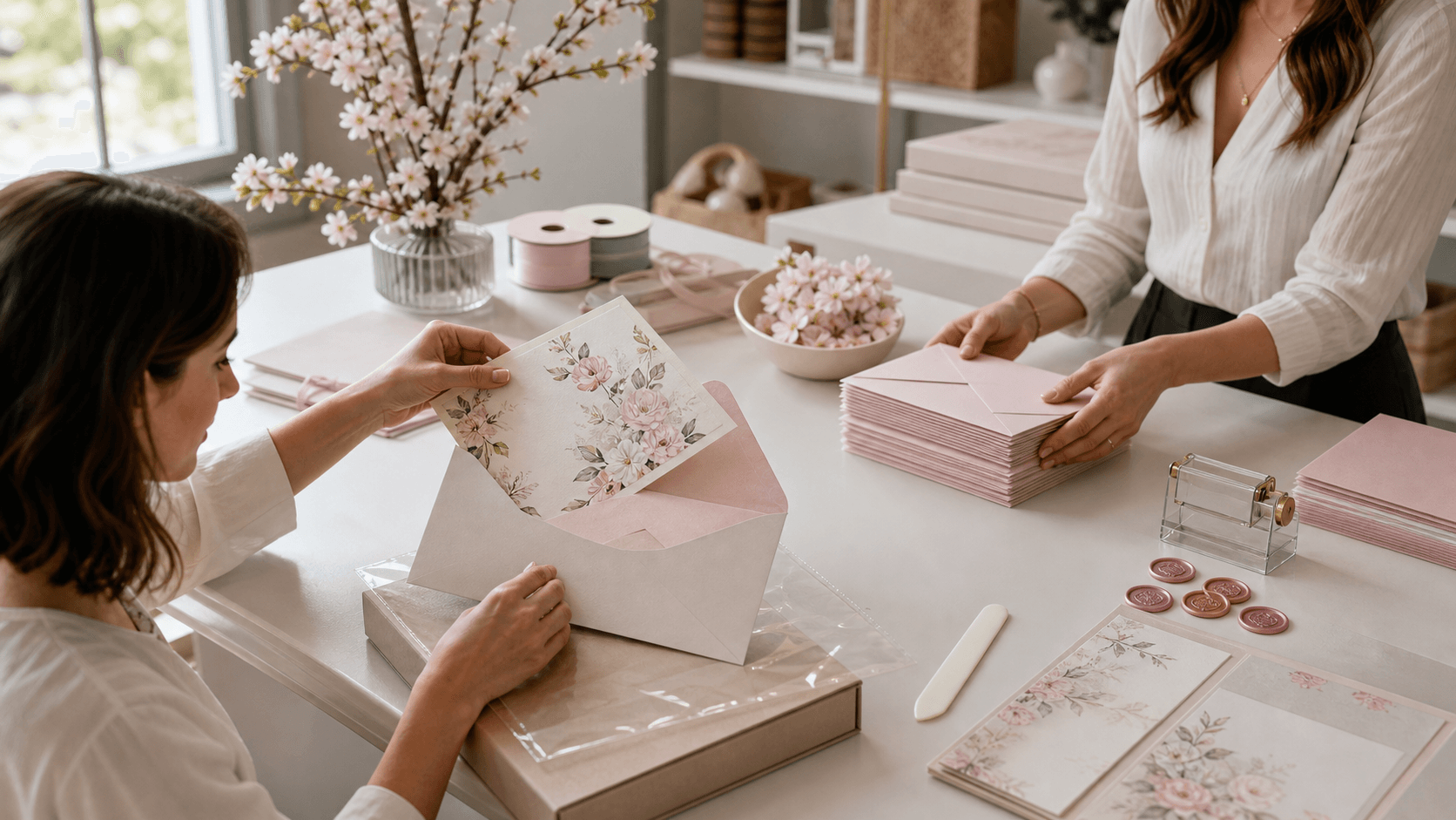 Pastel spring wedding invitation envelopes and floral cards arranged on a bright white surface with soft daylight.