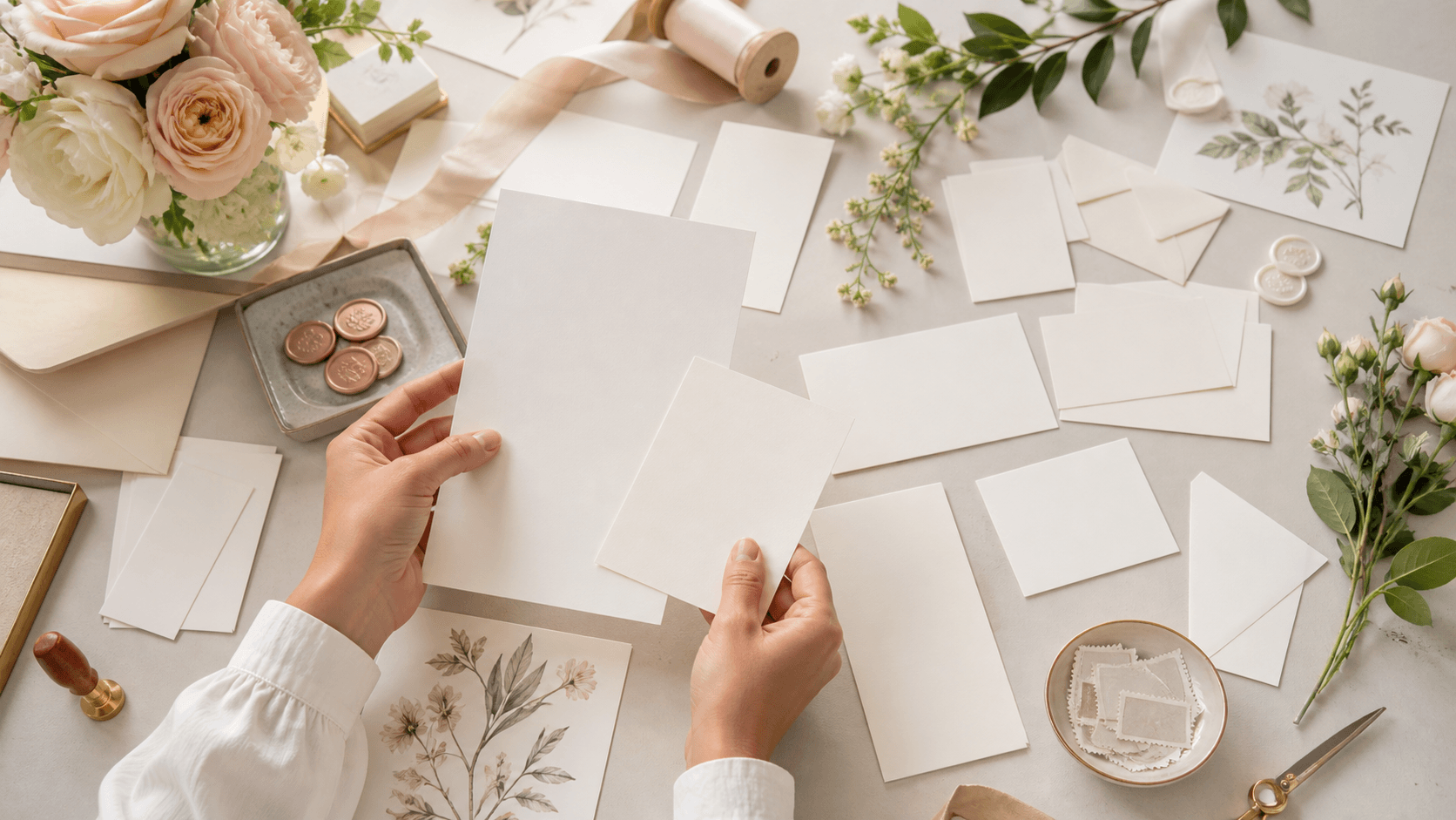 Elegant wedding invitation suite with cream cards, blush florals, and gold accents on a light wooden table.