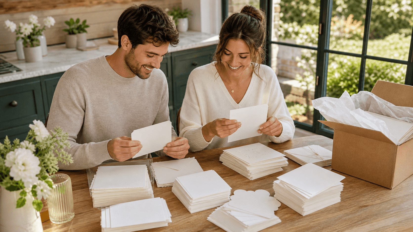 Neatly arranged wedding invitation packs with cream envelopes, floral cards, and gold accents on a wooden table.