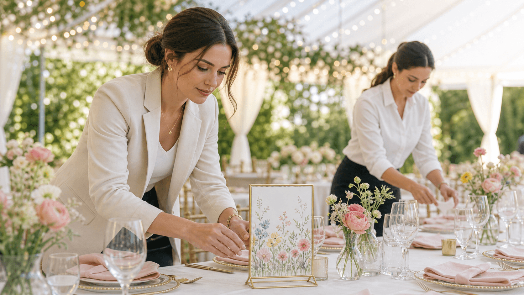 Pastel spring wedding tablescape with floral centerpiece and elegant place cards on a sunlit table.