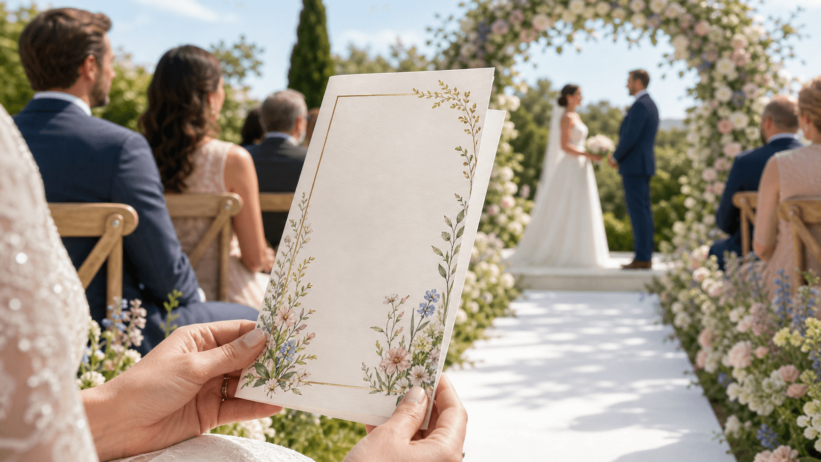 Soft pastel wedding program cards with floral spring accents on a sunlit table, ribbons and blossoms nearby
